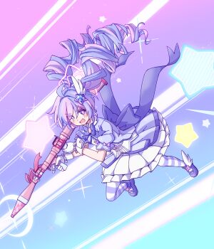 Rule 34 | 1girl, ahoge, blue archive, bow, bowtie, drill hair, gloves, hair ornament, halo, highres, hihachi, holding, holding rocket launcher, holding weapon, long hair, magical girl, multicolored hair, official alternate costume, official alternate hairstyle, pantyhose, pink hair, pink halo, puffy short sleeves, puffy sleeves, purple bow, purple bowtie, purple eyes, purple hair, purple pantyhose, reisa (blue archive), reisa (magical) (blue archive), rocket launcher, rpg, rpg-7, rpg (weapon), short sleeves, star (symbol), star hair ornament, star halo, striped clothes, striped pantyhose, twin drills, twintails, two-tone hair, two-tone pantyhose, very long hair, weapon, white gloves, wing hair ornament