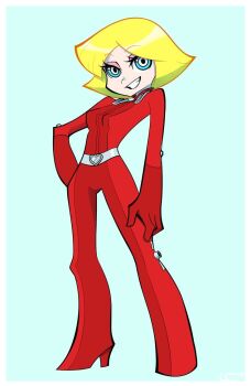 1girl blonde_hair blue_background blue_eyes catsuit clover_(totally_spies) formal_clothes panty_&amp;_stocking_with_garterbelt panty_&amp;_stocking_with_garterbelt_(style) red_suit slimegummie smile suit totally_spies