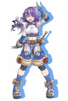 1girl arm_up belt blue_boots blue_gloves blue_shorts blue_socks boots breasts brown_belt commentary_request dagger elbow_gloves fingerless_gloves full_body gloves knife looking_at_viewer medium_breasts midriff midriff_tattoo navel open_mouth owju_(ouju) pink_eyes purple_hair ragnarok_online scabbard sheath shirt short_hair shorts simple_background sleeveless sleeveless_shirt socks solo standing star_(symbol) star_tattoo super_novice_(ragnarok_online) tattoo weapon white_background white_shirt