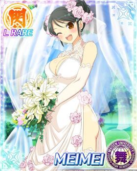 1girl :d ass_peek black_hair blush border bouquet breasts bridal_veil bride brown_eyes card_(medium) character_name cleavage cleavage_cutout clothing_cutout double_bun dress earrings elbow_gloves flower flower_wreath game_cg gloves hair_bun hair_flower hair_ornament hairclip holding holding_bouquet jewelry lace lace_thighhighs large_breasts lily_(flower) looking_at_viewer medium_hair meimei_(senran_kagura) official_art one_eye_closed open_mouth outdoors pink_flower pink_rose rose senran_kagura senran_kagura_new_wave side_slit smile solo swept_bangs teeth thighhighs upper_teeth_only veil wedding wedding_dress white_dress white_flower white_gloves white_thighhighs