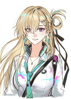 1girl aqua_necktie blonde_hair braid braided_bangs breasts chanong_0720 cleavage collarbone diamond_necklace earrings hair_ornament headphones headphones_around_neck highres jewelry long_hair lynae_(wuthering_waves) necklace necktie paint_splatter purple_eyes shirt simple_background skull_hair_ornament solo star_(symbol) star_earrings upper_body white_background white_shirt wuthering_waves