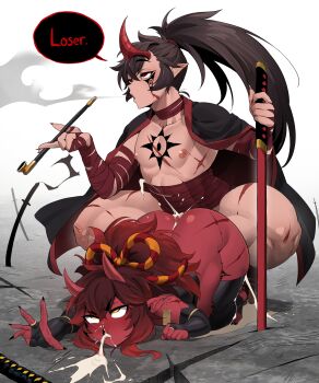 2boys absurdres all_fours all_the_way_through anal bandaged_arm bandages black_cape black_thighhighs bridal_gauntlets cape chest_tattoo clenched_hands colored_skin commission cum cum_in_ass cum_in_mouth cum_overflow demon_boy demon_king_(in) doggystyle drooling ejaculation english_text facial_tattoo highres holding holding_smoking_pipe horns in_(ain) injury katana long_hair male_focus male_penetrated monster_boy multiple_boys nipples original pectorals planted planted_sword planted_weapon pointy_ears ponytail red_skin rolling_eyes saliva scar sex sex_from_behind smoking_pipe squatting sword tattoo thighhighs uncensored vomiting_cum weapon yaoi
