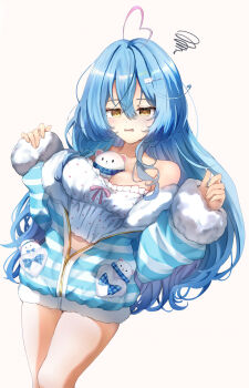 1girl ahoge between_breasts blue_hair blue_jacket blue_streaks breasts camisole cleavage commentary_request daifuku_(yukihana_lamy) hair_ornament hairpin heart heart_ahoge highres hololive jacket large_breasts long_hair looking_at_viewer multicolored_hair official_alternate_costume open_mouth sasai_tuki sidelocks solo streaked_hair virtual_youtuber white_background white_camisole yellow_eyes yukihana_lamy yukihana_lamy_(roomwear)