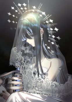 1girl absurdres black_background black_eyes black_hair commentary cross cross_earrings crying crying_with_eyes_open dress earrings hair_between_eyes highres holding holding_skeleton jewelry lace-trimmed_veil lace_trim long_hair looking_down original parted_lips ryuuxin sadie_(ryuuxin) see-through_clothes see-through_veil simple_background skeleton solo straight_hair tears upper_body veil white_dress