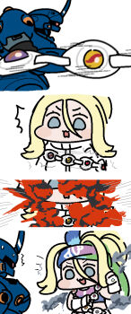 1girl blonde_hair blue_eyes chain_mine coat gloves gundam gundam_0080 headband highres holding holding_weapon horns jazz_jack kampfer_(mobile_suit) korrina_(pokemon) long_hair long_sleeves mecha mega_ring mega_stone mobile_suit nintendo one-eyed open_mouth pokemon pokemon_legends:_z-a ponytail robot scene_reference science_fiction single_horn smile weapon white_coat zeon