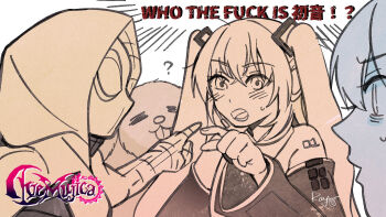 3girls animalization bang_dream! bang_dream!_it&#039;s_mygo!!!!! chinese_commentary commentary_request crossover detached_sleeves dog hatsune_miku highres hood hood_up long_hair marvel misumi_uika multiple_crossover multiple_girls name_connection pointing simple_background spider-gwen spider-man_(series) spider-verse spoilers togawa_sakiko twintails vocaloid white_background yoyoray20001996