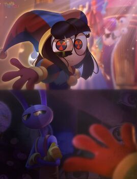 abstract_background animal_ears artist_logo artist_name black_eyes black_hair blue_eyes colored_sclera colored_skin commentary crossed_arms english_commentary furry furry_male gangle_(the_amazing_digital_circus) gloves hat highres jax_(the_amazing_digital_circus) jester_cap kinger_(the_amazing_digital_circus) logo medium_hair multicolored_eyes nddo442 outstretched_arm outstretched_hand overalls rabbit_boy rabbit_ears ragatha_(the_amazing_digital_circus) red_eyes red_gloves the_amazing_digital_circus two-tone_eyes watermark white_skin yellow_gloves yellow_sclera