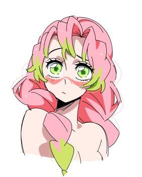 Rule 34 | 1girl, blush, braid, green eyes, green hair, highres, kanroji mitsuri, kimetsu no yaiba, looking at viewer, multicolored hair, pink hair, simple background, solo, soyeonp19, two-tone hair, upper body, white background