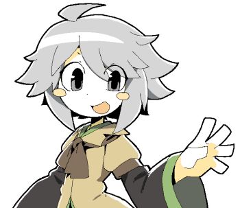 1other ahoge androgynous ascot black_kimono blush_stickers brown_ascot brown_coat coat collared_coat commentary cowboy_shot dot_nose english_commentary eyes_visible_through_hair grey_eyes grey_hair hair_between_eyes happy houlen_yabusame japanese_clothes kimono kokum0tsu lapels layered_sleeves len&#039;en long_sleeves messy_hair notched_lapels open_mouth other_focus outstretched_hand puffy_short_sleeves puffy_sleeves short_hair_with_long_locks short_over_long_sleeves short_sleeves sidelocks simple_background smile solo standing swept_bangs tareme white_background wide_sleeves