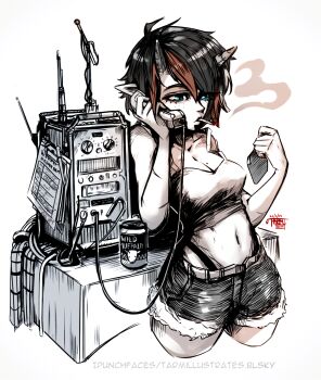 1girl black_hair cable can cigarette clipboard demon_girl demon_horns drink_can freckles highres horns impid_(rimworld) leaning_back muffalo_(rimworld) multicolored_hair note pawn_(rimworld) phone radio radio_antenna red_hair rimworld shorts smoke smoking solo table tank_top tarmillustrates white_background
