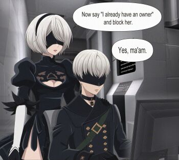 1boy 1girl 2b_(nier:automata) 9s_(nier:automata) absurdres adversarial_noise arm_on_another&#039;s_shoulder black_choker black_dress black_gloves black_hairband black_shirt blindfold breasts chair choker cleavage_cutout clothing_cutout commentary computer_keyboard covered_eyes dress english_commentary english_text expressionless feather-trimmed_sleeves gloves hairband highres indoors juliet_sleeves long_sleeves monitor nier:automata nier_(series) on_chair parted_lips puffy_sleeves shirl_geem shirt short_hair short_male shorter_male sitting speech_bubble standing taller_female twitter_username typing white_hair