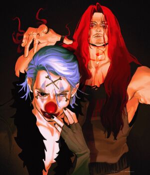 2boys beard black_background black_shirt blue_hair buggy_the_clown closed_mouth clown_nose connected_beard facepaint facial_hair highres long_hair male_focus multiple_boys one_piece pectoral_cleavage pectorals pink_eyes realistic red_eyes red_hair scar scar_across_eye scar_on_face shanks_(one_piece) shirt vamos_mk very_long_hair