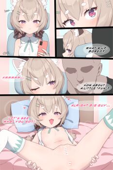 1boy 1girl absurdres anus bar_censor blush bottomless censored english_text flat_chest hair_ornament hairclip heart highres komachi_panko loli looking_at_viewer multiple_views navel nipples onion_(tamanegi) open_clothes open_shirt paid_reward_available phase_connect phone pink_eyes presenting pussy short_hair spread_legs thighhighs virtual_youtuber