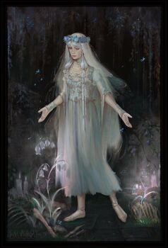 1girl anklet barefoot black_border blue_eyes border braid choker commentary cowboy_davidoff doll_joints elden_ring elden_ring_nightreign english_commentary flower flower_wreath full_body head_wreath highres jewelry joints low_twin_braids plant revenant_(elden_ring) signature solo standing twin_braids veil white_choker white_flower white_hair white_veil white_wrist_cuffs wrist_cuffs