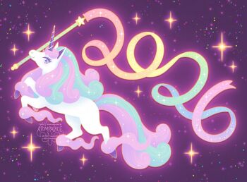 2026 atom_palace blue_eyes blue_hair blue_tail chinese_zodiac eyelashes fluffy_hair galarian_form galarian_rapidash gen_1_pokemon gen_8_pokemon happy_new_year highres holding holding_ribbon hooves horse multicolored_hair new_year night nintendo no_humans pink_fur pink_hair pink_tail pokemon pokemon_(creature) pokemon_focus profile purple_sky rapidash ribbon sky smile solo star_(sky) tail two-tone_hair two-tone_tail unicorn white_horse year_of_the_horse