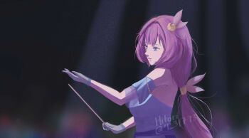 1girl absurdres bare_shoulders blue_eyes bow_(music) breasts commentary elysia_(honkai_impact) english_commentary from_side gloves highres hitori_(mckanz-too000) holding holding_bow_(music) honkai_(series) honkai_impact_3rd large_breasts long_hair official_alternate_costume pink_hair solo twitter_username upper_body very_long_hair white_gloves