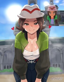 1girl absurdres artsheops belt blue_pants blue_sky blush breasts brown_eyes brown_hair cleavage closed_mouth cloud collarbone commentary day english_commentary game_screenshot_inset green_jacket harmony_(pokemon) hat heart highres jacket large_breasts leaning_forward long_sleeves looking_at_viewer lumiose_city nintendo open_clothes open_jacket outdoors pants pokemon pokemon_legends:_z-a shirt short_hair sky smile statue striped_hat sun white_hat white_shirt