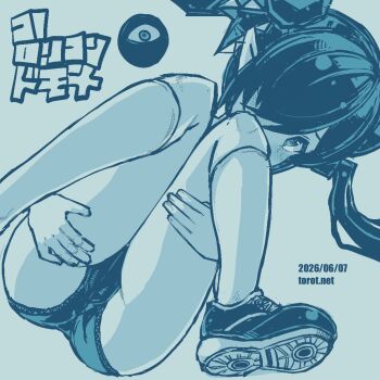 1girl ass backbeako_(torotei) backbeard blue_background blue_theme blush buruma cameltoe commentary covered_mouth dated dated_commentary dutch_angle gegege_no_kitarou hair_over_one_eye hair_ribbon hands_on_own_thighs hugging_own_legs kneehighs knees_up kono_lolicon_domome long_hair looking_at_viewer lying monochrome on_back original paid_reward_available pointy_ears ribbon shoe_soles shoes simple_background sneakers socks solo torotei translated twintails watermark web_address