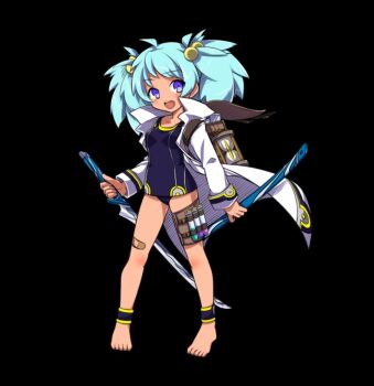 1girl :d ahoge bandaid bandaid_on_knee bandaid_on_leg barefoot black_background blue_hair blue_one-piece_swimsuit blush breasts coat full_body holding holding_sheath holding_sword holding_weapon katana kinoron_(merc_storia) long_sleeves looking_at_viewer merc_storia merc_storia_art_team official_art one-piece_swimsuit open_mouth purple_eyes reverse_grip school_swimsuit sheath simple_background small_breasts smile solo standing swimsuit sword tachi-e test_tube twintails weapon white_coat