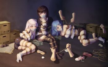 Rule 34 | 3girls, bdsm, black hair, black shorts, black skirt, blue eyes, blue hair, bondage, bound, box, dark room, highres, leno^a^, multiple girls, on floor, original, pantyhose, red eyes, rope, shibari, shorts, skirt, white hair