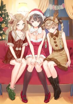 Rule 34 | 3girls, absurdres, animal costume, belt, black hair, blue reflection (series), blue reflection maboroshi ni mau shoujo no ken, boots, braid, brown eyes, brown hair, christmas, commentary request, dress, fur trim, girl sandwich, grey eyes, hair ornament, hat, highres, indoors, kishida mel, knee boots, kneehighs, long hair, long legs, looking at viewer, multiple girls, reindeer costume, sandwiched, santa costume, santa dress, santa hat, shijou raimu, shijou yuzuki, shirai hinako, short hair, sitting, smile, socks, strapless, strapless dress, twin braids, wavy hair