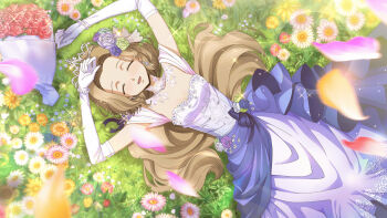 1girl blush bouquet bracelet bridal_gauntlets bride brown_hair closed_eyes code_geass code_geass:_lost_stories dress elbow_gloves falling_petals female_focus flower gloves grass hair_flower hair_ornament jewelry long_hair lying nunnally_vi_britannia on_back open_mouth pearl_bracelet petals purple_dress smile solo textless_version tiara wedding_dress white_gloves