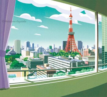 blue_sky building city cloud cloudy_sky commentary curtains day english_commentary highres nabatame_kazutaka no_humans original real_world_location scenery sky tokyo_(city) tokyo_tower tower window