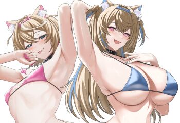 2girls absurdres animal_ear_fluff animal_ears arm_up armpits bikini black_collar blonde_hair blue_bikini blue_eyes blue_hair blue_hairband blue_nails breasts collar dog_ears dog_girl fake_horns fang fuwawa_abyssgard hairband highres hololive hololive_english horn_hairband horns large_breasts long_hair looking_at_viewer mococo_abyssgard multicolored_hair multiple_girls open_mouth pink_bikini pink_eyes pink_hair pink_hairband pink_nails pink_streaks short_hair si_farid siblings sisters skin_fang small_breasts streaked_hair swimsuit tongue twins upper_body virtual_youtuber