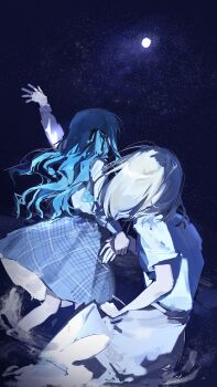 2girls absurdres arm_up bang_dream! bang_dream!_it&#039;s_mygo!!!!! blonde_hair blue_hair blue_theme chinese_commentary commentary_request grey_skirt highres holding_hands long_hair long_sleeves lu_bian_de_yecao_zai_changge misumi_uika moon multiple_girls night outdoors shirt short_sleeves skirt sky star_(sky) starry_sky togawa_sakiko wading white_shirt