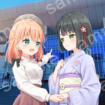 2girls :d beret black_hair blunt_bangs blunt_ends blush bob_cut bow breasts brown_skirt cerise_bouquet closed_mouth commentary_request eye_contact flower flower_knot green_eyes grey_hat hair_flower hair_ornament hanazora_satsuki hat highres hinoshita_kaho hinoshita_kaho_(first_date) holding_hands japanese_clothes kimono link!_like!_love_live! long_sleeves looking_at_another looking_at_viewer love_live! medium_breasts momose_ginko momose_ginko_(winter_casual) multiple_girls obi obiage obijime open_mouth orange_hair photo_background pink_flower pointing print_kimono purple_kimono sample_watermark sash shirt shirt_bow short_hair skirt smile split_mouth temari_print virtual_youtuber watermark white_shirt