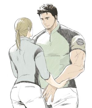 Rule 34 | 1boy, 1girl, beard stubble, black hair, blonde hair, blue shirt, chris redfield, commentary request, facial hair, green shirt, highres, jill valentine, long hair, ponytail, resident evil, resident evil 5, shirt, simple background, smile, stubble, t (t345678912), white background