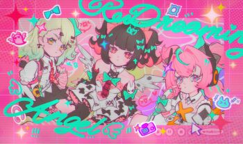 3girls angels_of_delusion aqua_streaks aria_(zenless_zone_zero) arm_warmers autis_tic bare_shoulders black_hair black_skirt black_thighhighs bow collared_shirt colored_inner_hair commentary dress earrings green_bow green_eyes green_hair hair_intakes highres jewelry long_hair looking_at_viewer multicolored_hair multiple_girls multiple_hair_clips musical_note_earrings nangong_yu necktie pink_arm_warmers pink_bag pink_hair red_necktie shirt skirt sparkling_eyes streaked_hair sunna_(zenless_zone_zero) symbol-only_commentary thighhighs twintails white_dress white_shirt white_wings wings zenless_zone_zero