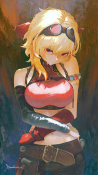 Rule 34 | 1girl, absurdres, arm warmers, bare shoulders, belt, blonde hair, breasts, commentary, crop top, dreamoon-q, gloves, goggles, goggles on head, headscarf, highres, hololive, hololive indonesia, kaela kovalskia, kaela kovalskia (4th costume), large breasts, looking at viewer, midriff, navel, red eyes, short hair, signature, single glove, solo, virtual youtuber