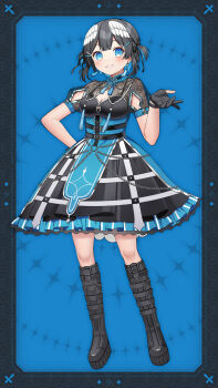 1girl black_boots black_dress black_gloves black_hair black_ribbon blue_eyes blue_hair blush boots breasts cleavage dress feathered_wings frilled_dress frills full_body gloves grin hair_ornament hair_ribbon hairclip hand_on_own_hip hand_up head_wings highres indie_virtual_youtuber knee_boots kurata_rine kurata_rine_(vtuber) looking_at_viewer medium_breasts multicolored_hair partially_fingerless_gloves puffy_short_sleeves puffy_sleeves ribbon short_sleeves smile solo standing two-tone_hair two_side_up virtual_youtuber white_wings wings