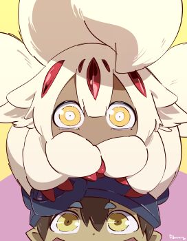 Rule 34 | 1boy, 1girl, bad id, bad tumblr id, body fur, brown hair, claws, dark-skinned female, dark skin, ddasang, ears down, faputa, helmet, highres, looking at another, looking at viewer, looking up, made in abyss, multiple tails, on head, purple background, reg (made in abyss), short hair, staring, tail, two-tone background, white fur, white hair, wide-eyed, yellow background, yellow eyes