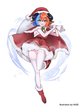 1girl :d animal_ears ankle_boots artist_name bell belt black_belt black_horns blue_eyes blue_hair boots bow bowtie cape commentary_request commission dress fur-trimmed_boots fur-trimmed_cape fur-trimmed_dress fur-trimmed_headwear fur_trim green_bow green_bowtie hands_up hat haze_(7h4ze) heterochromia highres holding holding_sack horns indie_virtual_youtuber leg_up legs looking_at_viewer multicolored_hair open_mouth orange_eyes orange_hair red_boots red_cape red_dress red_hat sack sample_watermark santa_hat simple_background sleeveless sleeveless_dress smile solo tachi-e teeth thighhighs thighs two-tone_hair upper_teeth_only virtual_youtuber watermark white_background white_thighhighs zettai_ryouiki