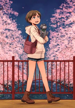 1girl :d animal bag blue_eyes bridge brown_hair brown_shoes cherry_blossoms commentary_request dog handbag highres holding holding_animal hood hood_down hoodie long_sleeves naotan open_mouth original outdoors people railing shoes short_hair short_shorts shorts smile water white_hoodie