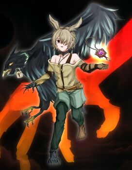 1girl animal_ears baggy_clothes bare_shoulders barefoot behind_another belt bird black_background black_choker blonde_hair bra breasts brown_belt brown_bra brown_eyes brown_gloves brown_shirt brown_sports_bra chain chain_necklace choker droll_&amp;_lock_bird duel_monster facing_viewer falcon falconry falconry_glove flat_chest flying gloves glowing green_leggings green_shorts hair_over_one_eye highres jewelry key key_necklace la_papesse leggings lock looking_to_the_side amputee necklace off-shoulder_shirt off_shoulder outstretched_arm pendant rabbit_ears shirt shorts small_breasts sports_bra spread_wings torn_clothes torn_shirt two-tone_background underwear yu-gi-oh!