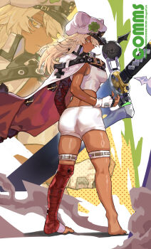 1girl absurdres ass blonde_hair breasts commentary commission dark-skinned_female dark_skin english_commentary floating floating_object floating_sword floating_weapon guilty_gear guilty_gear_strive hat highres long_hair orange_eyes park_ongjol ramlethal_valentine solo sword toes twitter_username weapon