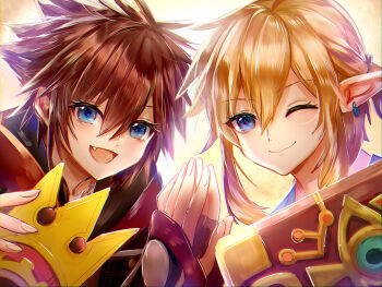 Rule 34 | 2boys, :d, blonde hair, blue eyes, blue shirt, brown gloves, brown hair, chain, chain necklace, closed mouth, commentary request, crossover, earrings, fang, fingerless gloves, gloves, holding, hood, hood down, jewelry, kingdom hearts, kingdom hearts iii, link, looking at viewer, multiple boys, necklace, nintendo, one eye closed, open mouth, pointy ears, ponytail, shirt, short hair, smile, sora (kingdom hearts), spiked hair, the legend of zelda, the legend of zelda: breath of the wild, tsukigime (fool ehle), yellow background