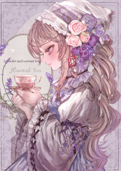 1girl accurate_lolita_coord bonnet classic_lolita cup dress english_text floral_background flower from_side hair_flower hair_ornament highres holding holding_cup komorihikki lavender_(flower) lolita_fashion long_hair original pink_flower purple_dress shirt solo tea very_long_hair white_shirt