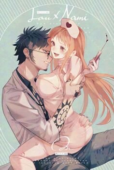 1boy 1girl alternate_costume arm_tattoo ass black_hair blush breast_press breasts brown_eyes character_name cleavage coat denim doctor dress earrings facial_hair feet_out_of_frame from_side glasses hand_on_another's_ass hand_tattoo hat heart hetero holding holding_syringe jeans jewelry lab_coat large_breasts long_hair looking_at_another nami_(one_piece) nurse nurse_cap one_piece open_mouth orange_hair pants pearl_earrings pink_dress pink_hair pink_thighhighs profile short_hair sitting sitting_on_lap sitting_on_person syringe tattoo thighhighs trafalgar_law white_coat yum_xoxo_yum