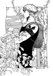 Rule 34 | 1boy, bag, bandana around arm, closed mouth, cloud, cowboy shot, crossed arms, earrings, enahr 1111, goggles, goggles on head, greyscale, jewelry, leaf, male focus, monochrome, one piece, pants, profile, roronoa zoro, short hair, shoulder bag, solo, tank top, twitter username