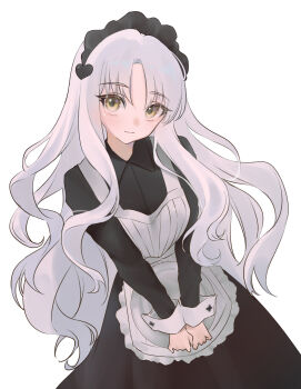 1girl absurdres apron black_dress blush breasts caren_hortensia dress fate/grand_order fate_(series) frilled_hairband frills hairband highres long_hair long_sleeves looking_at_viewer mikon_(nicknqme) small_breasts solo white_apron white_hair yellow_eyes