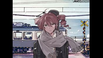 1girl ahoge alternate_costume black_border black_jacket blue_sky boom_barrier border chair closed_mouth day double-parted_bangs drill_hair expressionless grey_scarf hair_between_eyes highres jacket kasane_teto looking_at_viewer outdoors pillarboxed railroad_crossing railroad_tracks red_hair road samsap scarf shirt sky snowing solo train twin_drills upper_body utau white_shirt winter