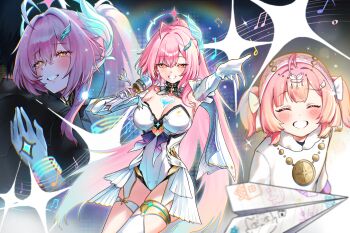 Rule 34 | 1girl, aemeath (wuthering waves), aged down, ahoge, bare shoulders, blush, breasts, cleavage, closed eyes, elbow gloves, facing viewer, gloves, highres, holding, holding microphone, hug, ice bear, leotard, long hair, looking at viewer, male rover (wuthering waves), medium breasts, microphone, multiple views, orange eyes, paper airplane, pink hair, ponytail, rover (wuthering waves), smile, strapless, strapless leotard, tacet mark (wuthering waves), tearing up, thighs, white gloves, white leotard, wuthering waves