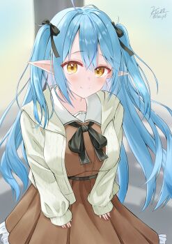 1girl absurdres aqua_hair black_ribbon blush breasts brown_dress closed_mouth commentary_request dress eyelashes hair_between_eyes hair_ribbon highres hololive jacket jacket_over_dress long_hair long_sleeves looking_at_viewer lxr_y8 neck_ribbon open_clothes open_jacket pointy_ears ribbon signature sleeves_past_wrists smile solo twintails virtual_youtuber white_jacket yellow_eyes yukihana_lamy