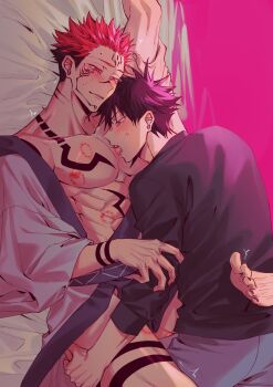 2boys absurdres azukiharuta_ju bite_mark bite_mark_on_chest bite_mark_on_leg bite_mark_on_stomach black_hair black_sweater blush collarbone facial_tattoo forehead_tattoo fushiguro_megumi highres japanese_clothes jujutsu_kaisen kimono leg_tattoo long_sleeves male_focus motion_lines multiple_boys muscular muscular_male nipples pectorals red_eyes ryoumen_sukuna_(jujutsu_kaisen) short_hair sweater tattoo undercut white_kimono wrist_tattoo yaoi
