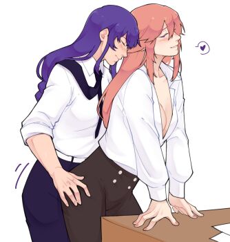 2girls alternate_costume animal_ears arch archived_source belt black_necktie black_pants blush breasts brocoliholy buttons cleavage closed_eyes closed_mouth collarbone collared_shirt dry_humping fox_ears genshin_impact half-closed_eyes hand_on_another&#039;s_thigh hands_on_table heart highres humping leaning_forward long_hair looking_down low_neckline mole mole_under_eye multiple_girls necktie necktie_over_shoulder pants paper pink_hair pink_nails purple_hair purple_pupils raiden_shogun shirt shirt_tucked_in sidelocks sleeves_rolled_up smile speech_bubble sweat table white_background white_belt white_shirt yae_miko yuri
