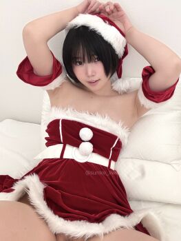 Rule 34 | 1girl, absurdres, armpits, arms up, asian, black hair, bottomless, dress, hat, highres, indoors, looking at viewer, out-of-frame censoring, parted lips, pubic hair, pubic hair peek, real life, santa costume, santa dress, santa hat, short hair, smile, solo, strapless, sumire live, teeth, twitter username